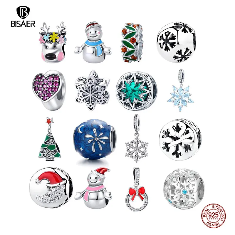 BISAER 925 Sterling Silver Christmas Charms Snowflakes Snowman Christmas Tree Beads fit Beads for Silver 925 Jewelry Making Q0531
