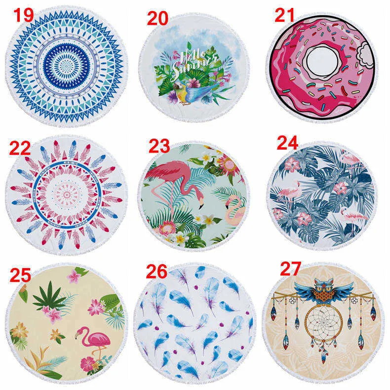 72 designs Summer Round Beach Towel With Tassels 59 inches Picnic mat 3D printed Flamingo Windbell Tropical Blanket girls bathing towels