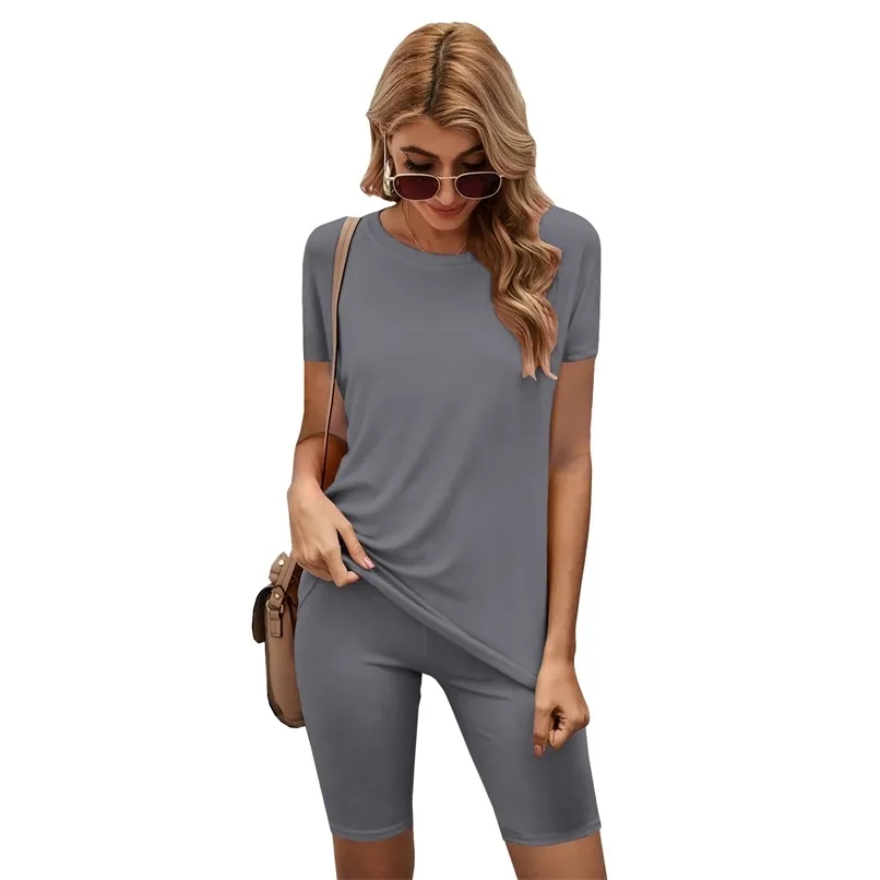 Solid Tracksuit Matching Sets Women Two Piece Outfits Classic 90s T-Shirt Top Biker Shorts Sweatpants Wholesale Plus Size 4XL 210525