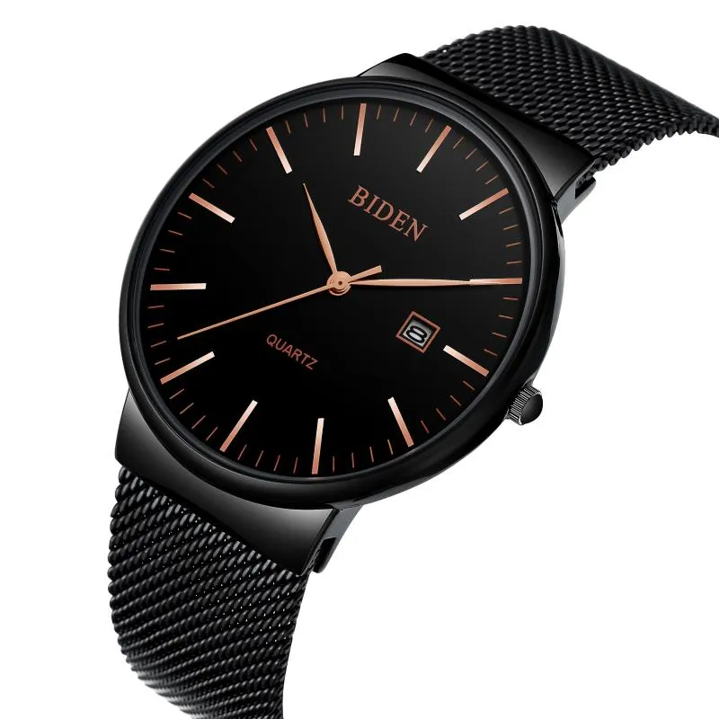 Relojes de pulsera BIDEN Reloj para hombre 2021 Masculino Moderno Elegante Negro Acero inoxidable Auto Fecha Pantalla Chic Impermeable Reloj de pulsera de cuarzo Relojes GIF