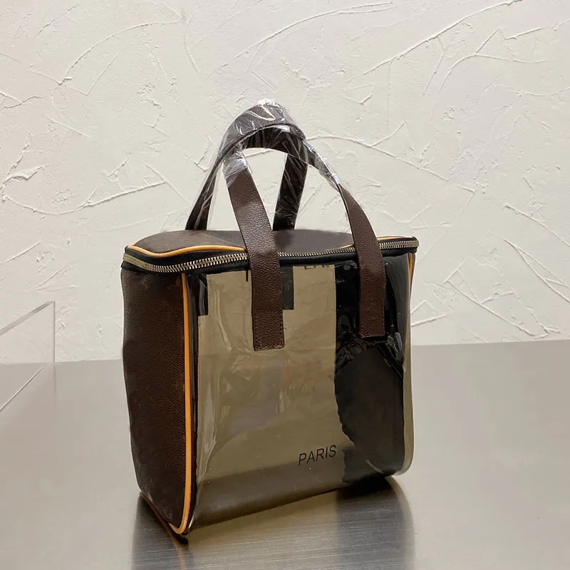 Pvc Transparent Cosmetic Bag Classic Brown Old Flower Wash Bags Fashion Shoulder Back Handbag Zipper Pocket Large Capacity