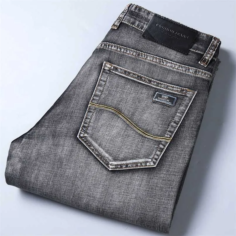 Vår sommar män klassiska grå jeans elastiska mäns stretch-fit tunna jeans affärer casual klassisk stil 211008