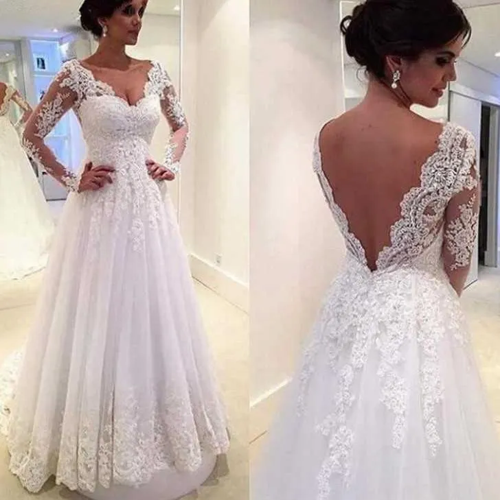 Robes à manches longues magnifique dentelle appliques col en V dos balayage train festonné sur mesure pays mariage robe de mariée robe estido