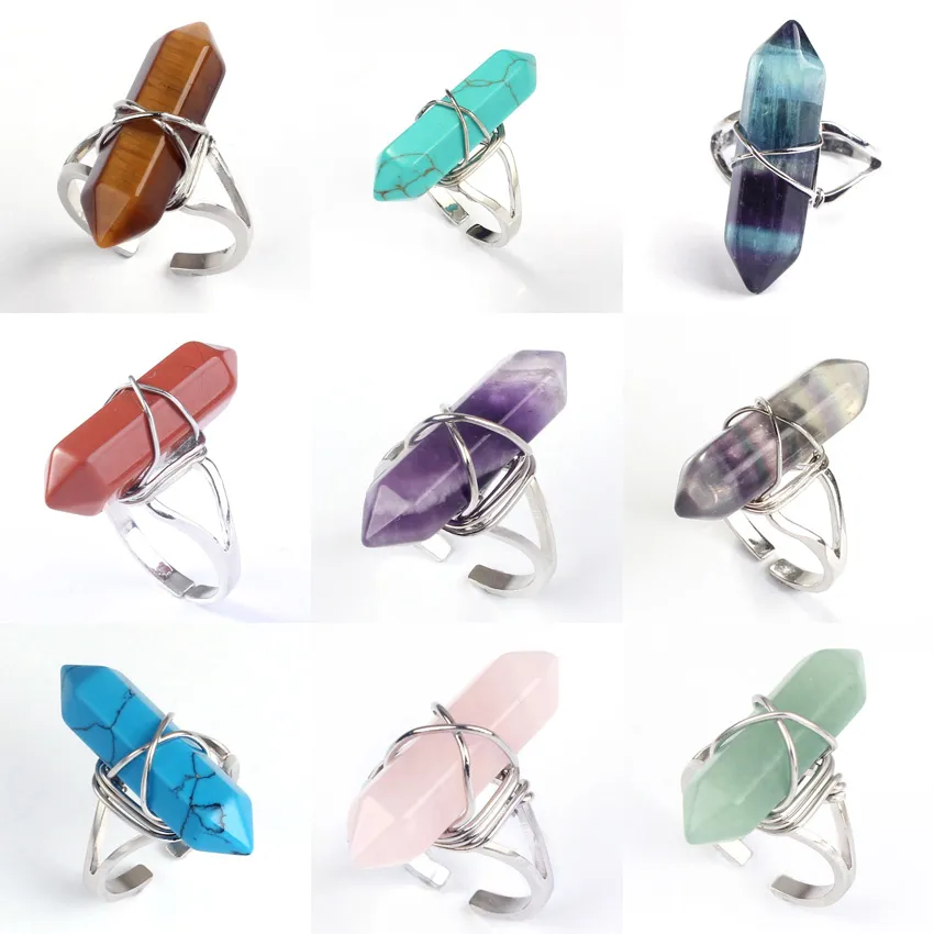 Nya Mode Cluster Ringar Natursten Hexagonal Prism Pärlor Wrapped Silver Wire Chakra Charms Crystal Ring