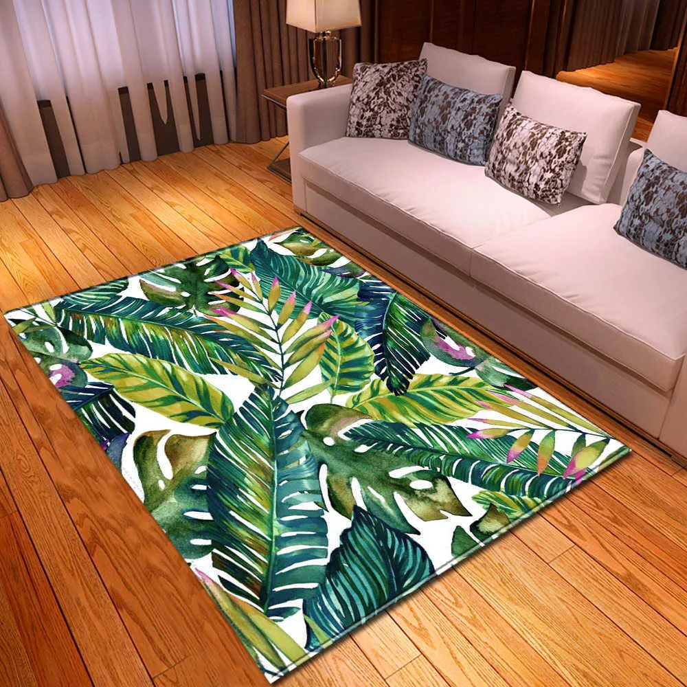 家の装飾3Dカーペット熱帯雨林のフランネル滑り止め寝室敷物ダイニングルームの床面積の敷物ヤシの葉の葉のリビングルームカーペット210727