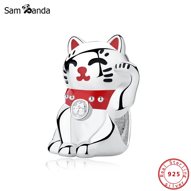 새로운 정통 100 % 925 스털링 실버 비즈 매력 Maneki Neko Charms Lucky Fortune 고양이 맞는 팔찌 여성 DIY 쥬얼리 Q0531