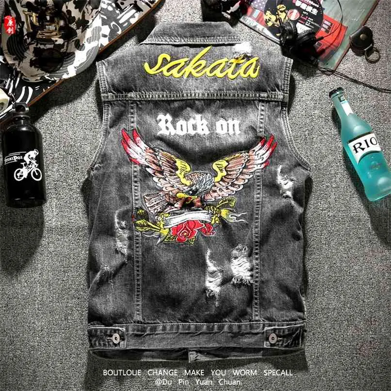 Mens Jacket Garment Sleeveless Embroidery Eagle Denim Vest Jean Young Cowboy Streetware Ropa De Hombre Coat Spring and Autumn 210923