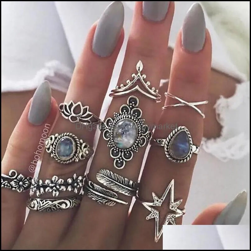 10 Styles Bohemian Antique Silver Rings Set For Women Retro Hand of Fatima Elephant flower Ankh Crescent Midi Knuckle Finger Ring