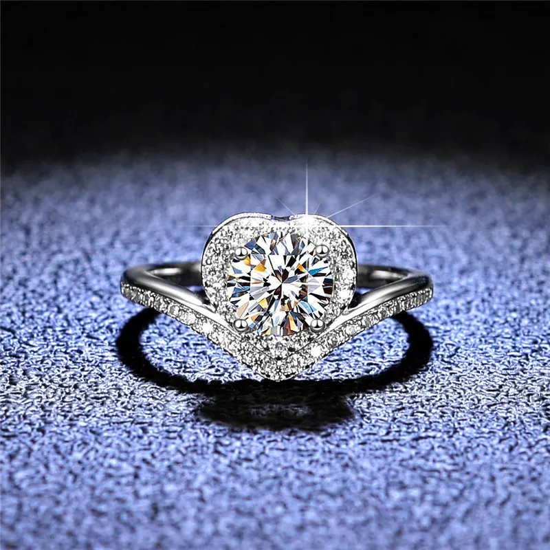 Utmärkt klippa diamanttest passerat d färg bra kvalitet moissanit hjärta krona ring silver 925 smycken