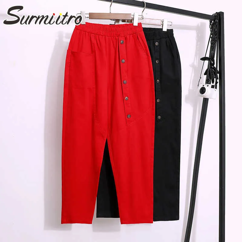 SURMIITRO Spring Autumn Fashion Long Harem Pants Women Red Black Korean Style Button High Waist Ankle Trousers Female 210712