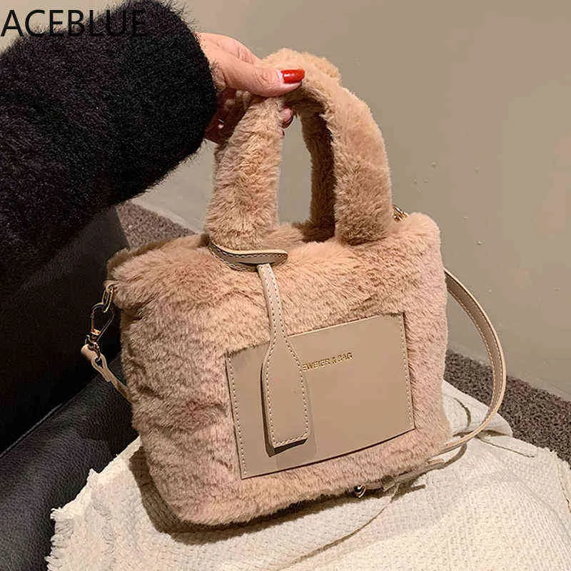 Sacos de compras ACEBLUE Pequeno Faux Fur Bucket Crossbody com Curto Punho 2021 Inverno Novo de Alta Qualidade Mulher Designer Bolsa de Design 220304