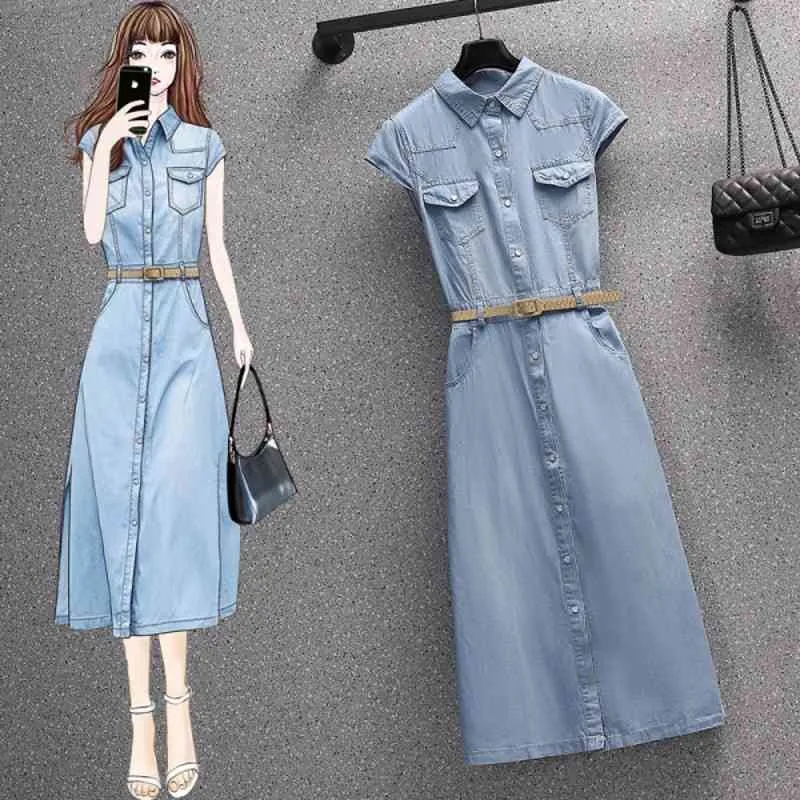 summer Korean Style Light blue Denim Dresses Short sleeve Single-breasted Casual Dress With Belt 210531