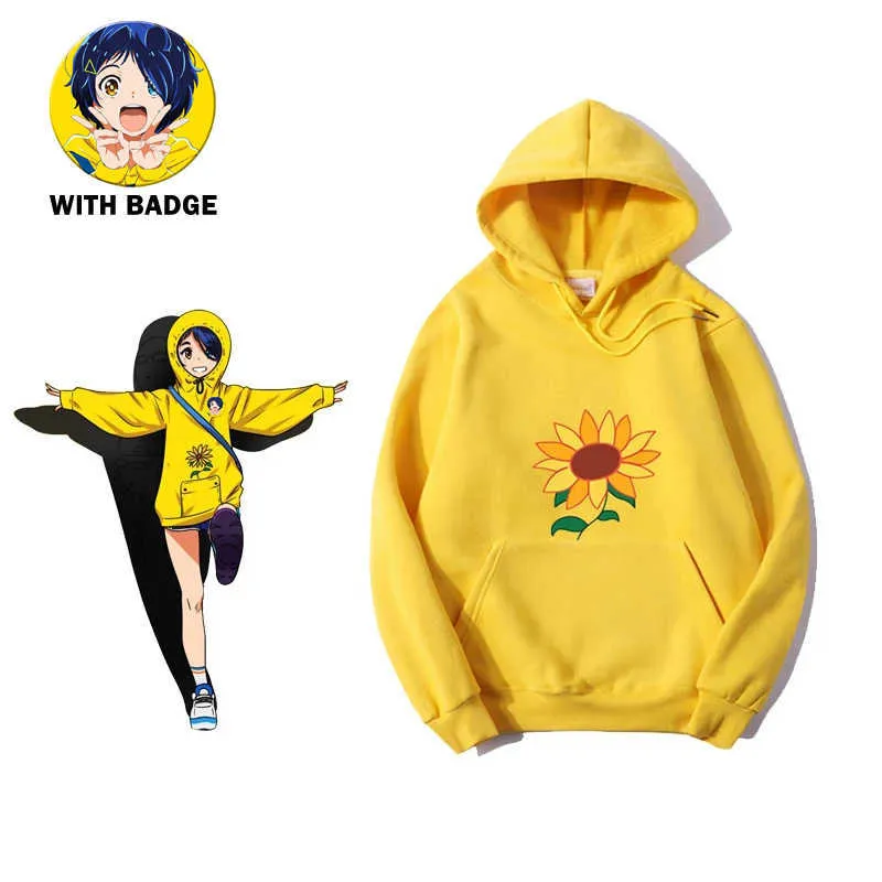 Wonder Egg Priority Ai Kawaii Sweat à capuche Femmes Esthétique Sun Flower Pocket Même paragraphe Sweat-shirt Anime Cosplay Vêtements jaunes X0721