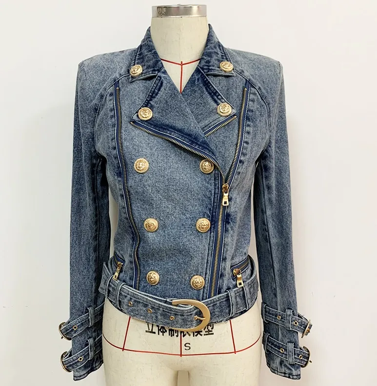 Nieuwe stijl Topkwaliteit Originele Design Dames Double-Breasted Denim jas Motorfiets jas metalen gesp jas korte jas uitloper