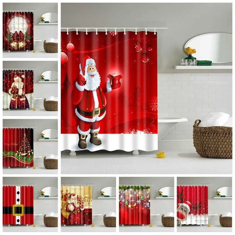 Lighted Christmas Shower Curtain Printed Happy Year Santa Claus Red Waterproof Curtains for Shower Bathroom Christmas Decor 211116