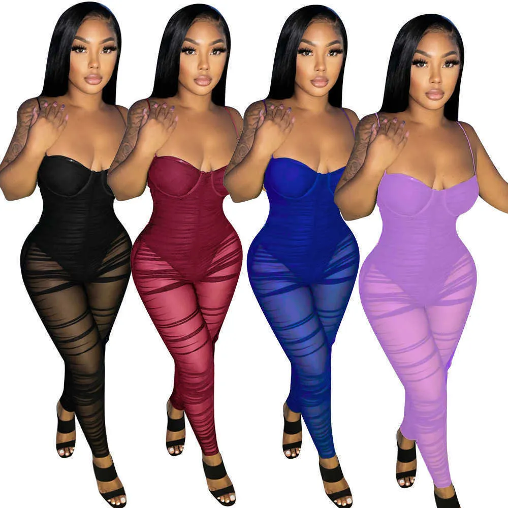 Kvinnor Jumpsuits Designer Fashion Crop Top Bh Strap Perspective Onesies Sexig Slim Breast Wrap One-Piece Long Rompers Ladies Clubwear S-XXL