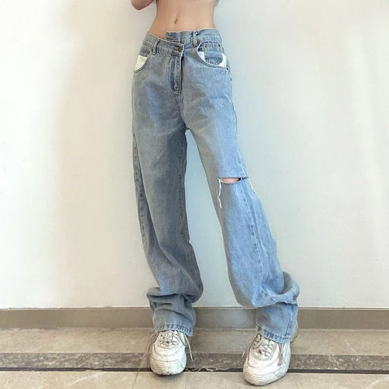 Calças de brim das mulheres na moda Mulheres em linha reta Roupas Estética Baggy Largura Calças Legais Assimétricas Denim Calças Recorte Furo Streetwear Moda