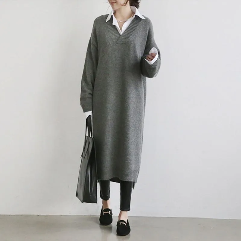 Casual Dresses Korea Early Autumn 2021 Sweater Dress V-neck Knitted Pullover Bottoming Shirt Female Lady