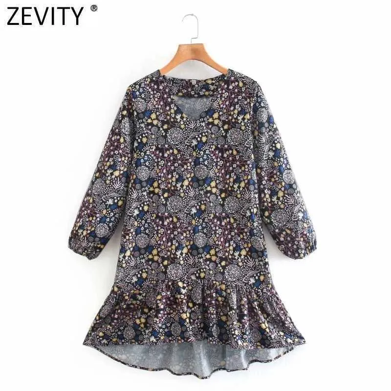 Zevity Women Vintage V Neck Tropical Sea Printing Hem Pläterad Ruffles Mini Klänning Kvinna Casual Oregelbundet Vestido DS4808 210603