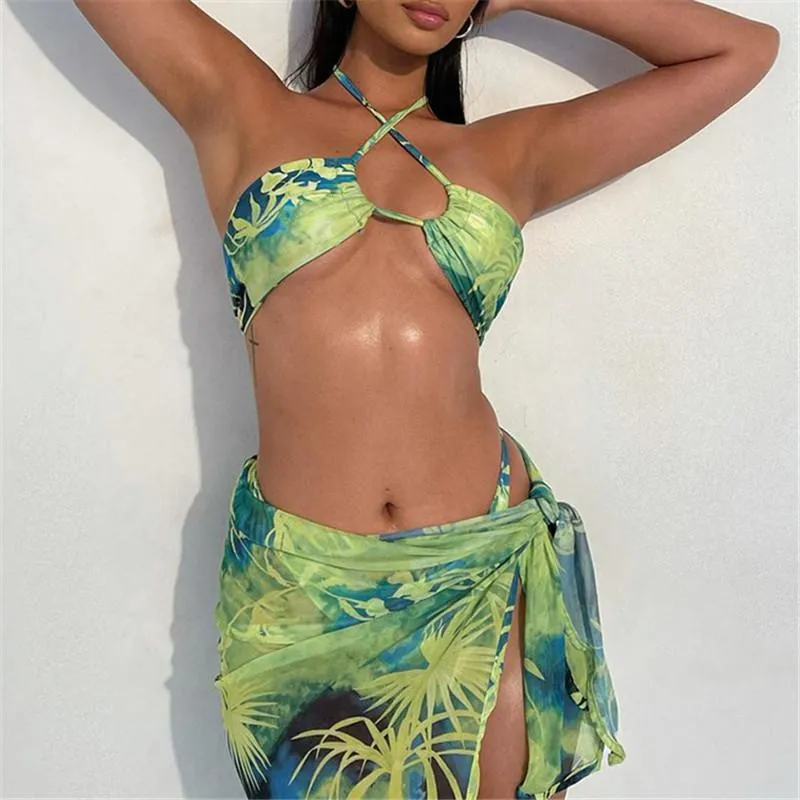 Damen-Badebekleidung ITranyee 3-teiliges Bikini-Set für Damen, Neckholder-BH, hohe Taille, Tanga, Überrock, Batik-Pflanzen, Badeanzüge, Sommer-Strandbekleidung