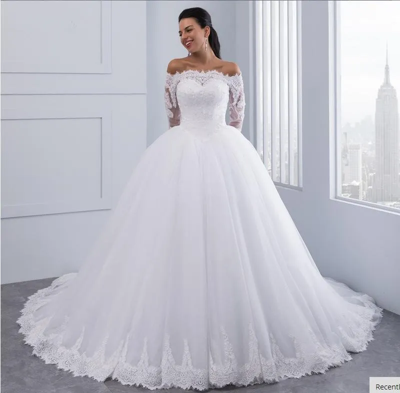 الفساتين غير الرسمية Vestidos de Novia 2021 LACE LACE LING لحضور حفل زفاف قبالة الكتف مخصص في القطار الزفاف الزفاف