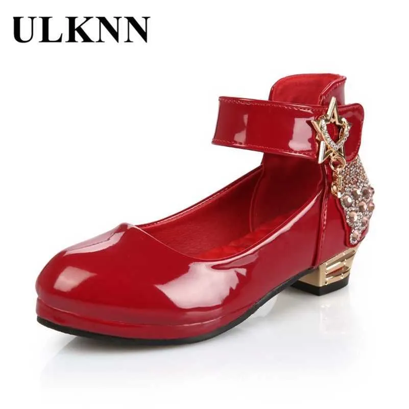 Ulknn röd låg häl skor för tjejer prinsessan läder skor dans bröllopskola barn casual sko barn klänning rund tå sko 210306
