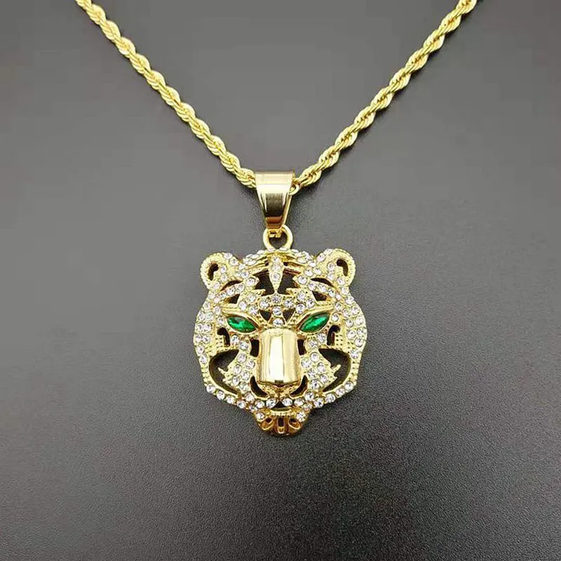 Hip Hop Necklaces Bling Iced Out Gold Color Hollow Stainless Steel Tiger Head Pendants Necklace for Men Rapper Jewelry Gift