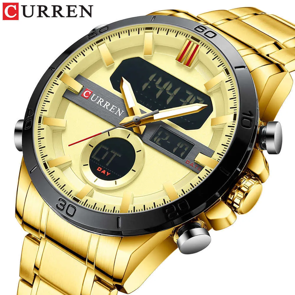curren Golden Dual Display men watches luxury brand big dial gold watch men waterproof mens wristwatches Relogio Masculino 210527