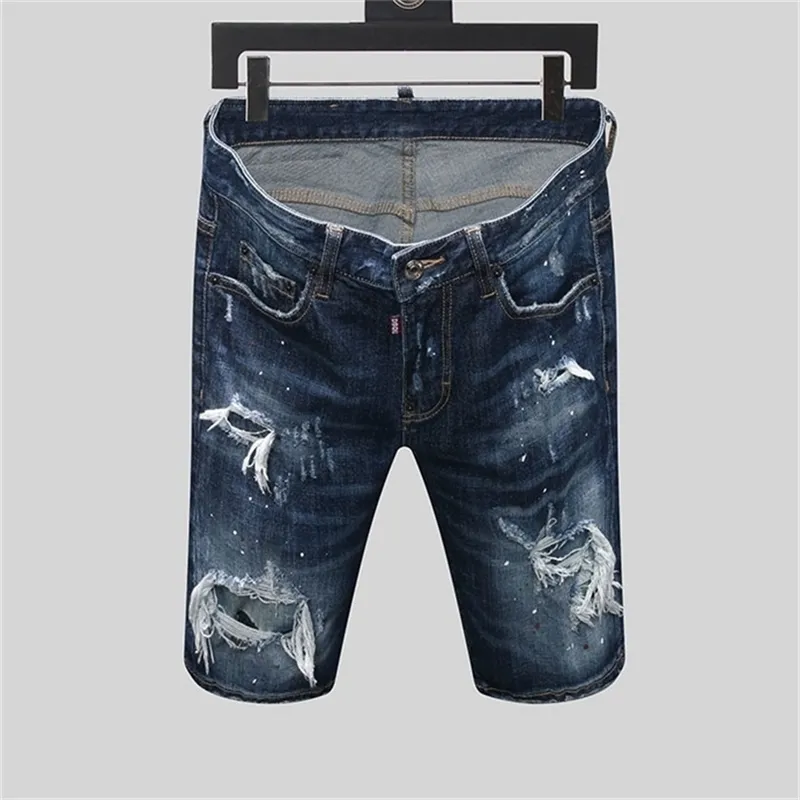 summer Style dsq brand Italy jeans mens Slim Short Men denim trousers zipper stripe hole blue Shorts for men 210716