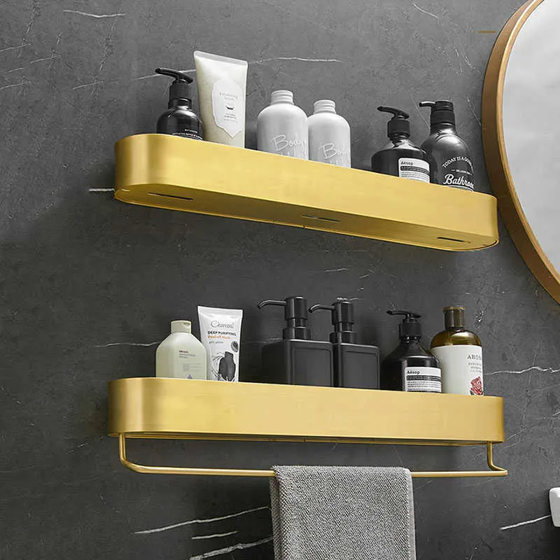 Brushed Gold Aluminum Bathroom Shelf Wall Mounted Shampoo Organizer Cosmetic Storage Rack Single Tier