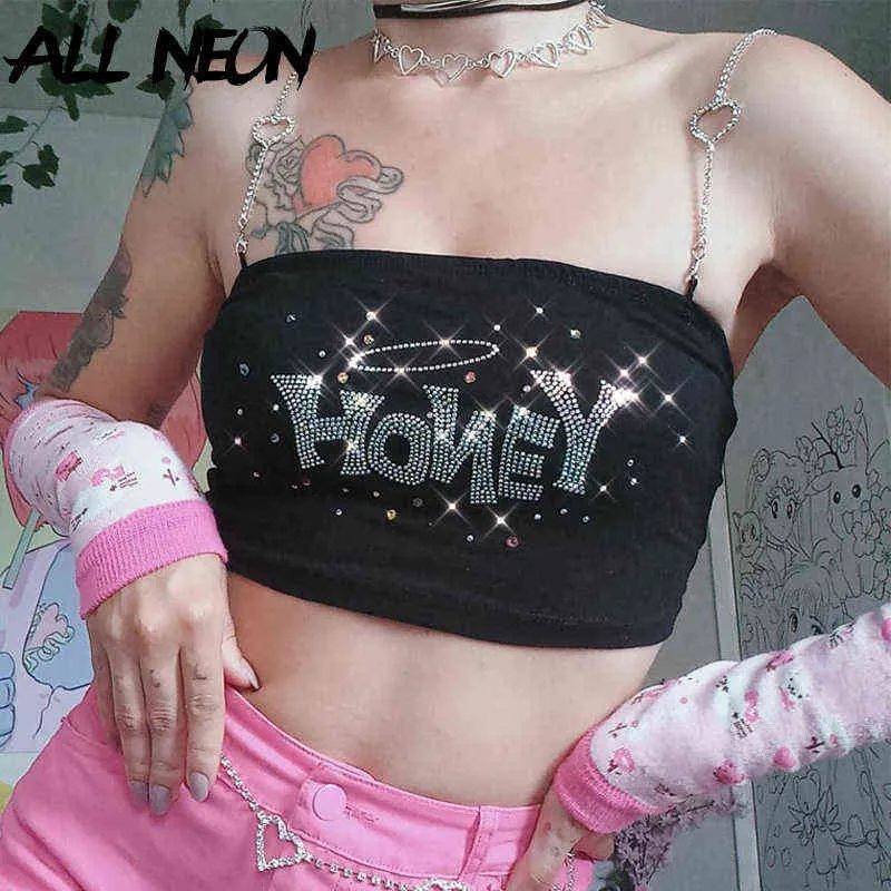 Alleon 2000s estetik Kawaii Rhinestone Trim brev Crop Tops Pastell Goth Y2K Kedja Straped Black Cami Top Cute Outfits New Y220308