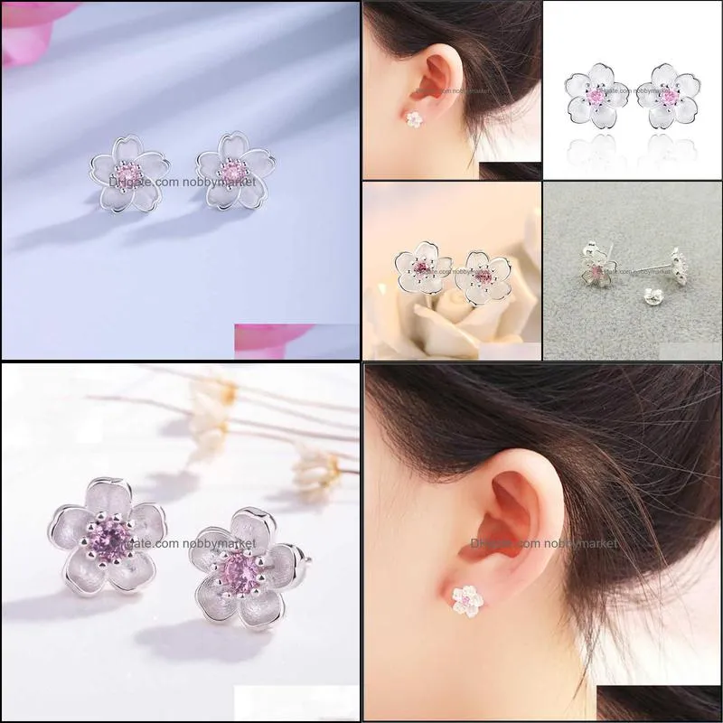 Silver 925 Jewelry Sterling Earrings Cherry Blossom Inlaid Pink Zircon Ear Studs Simple and Popular for Women