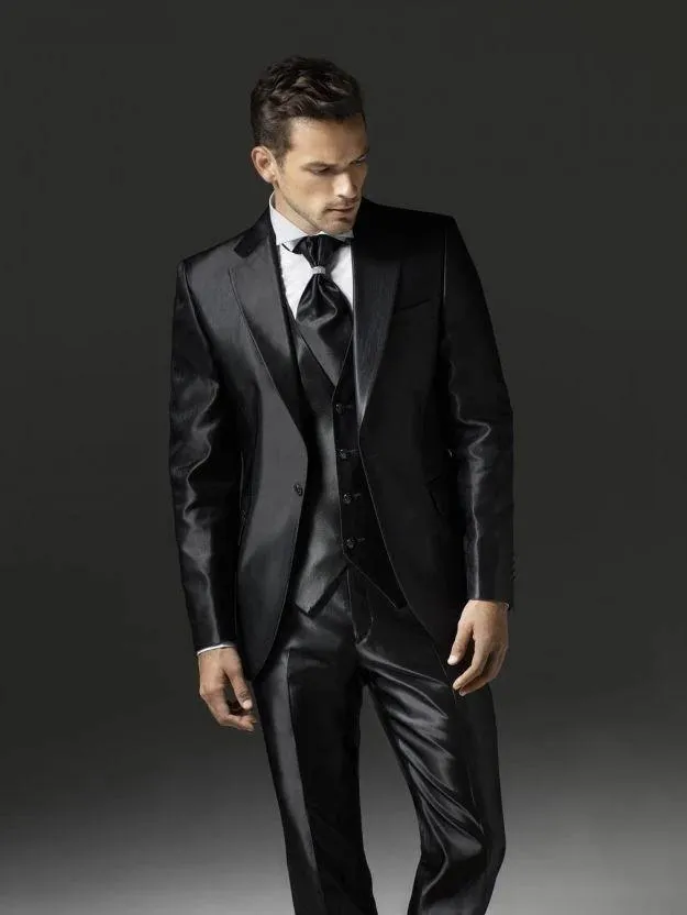 Abiti da uomo Blazer (giacca + pantaloni + gilet) Bello vintage nero 3 pezzi smoking da sposo per matrimonio formale abito da ballo giacca da sera per feste Cus