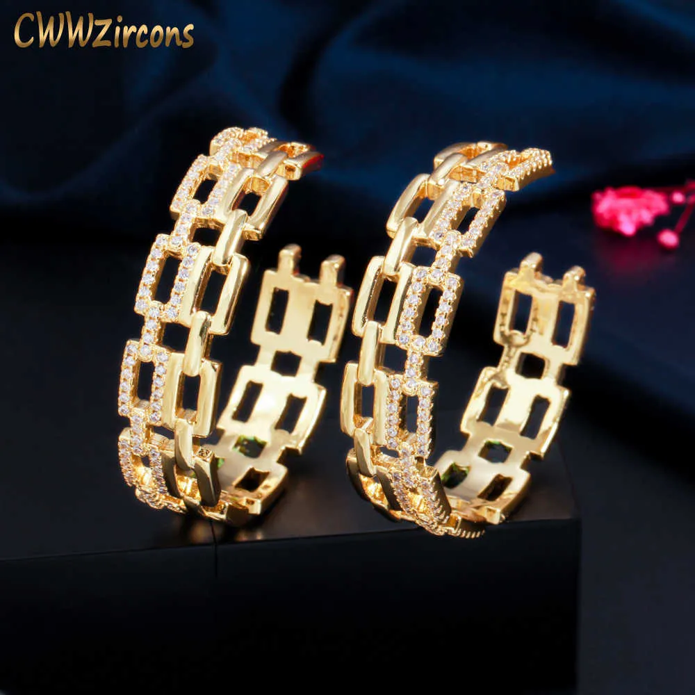 Trendy Cubic Zirconia Paved Yellow Gold Color Cuban Link Shape Round Big Hoop Earring for Women Hip Hop Jewelry CZ848 210714