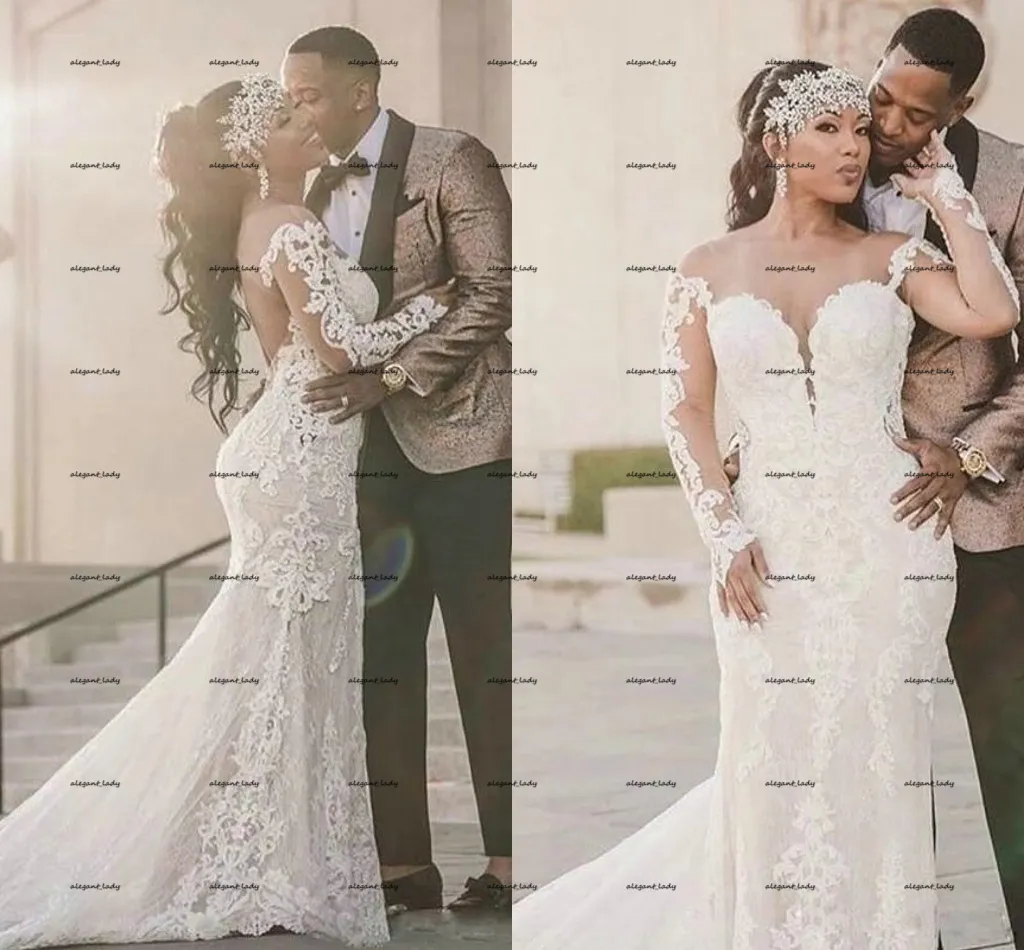 Romantic Off The Shoulder Mermaid Wedding Dresses Illusion Back African Nigerian Long Sleeve Appliques Lace Bridal Wedding Dress