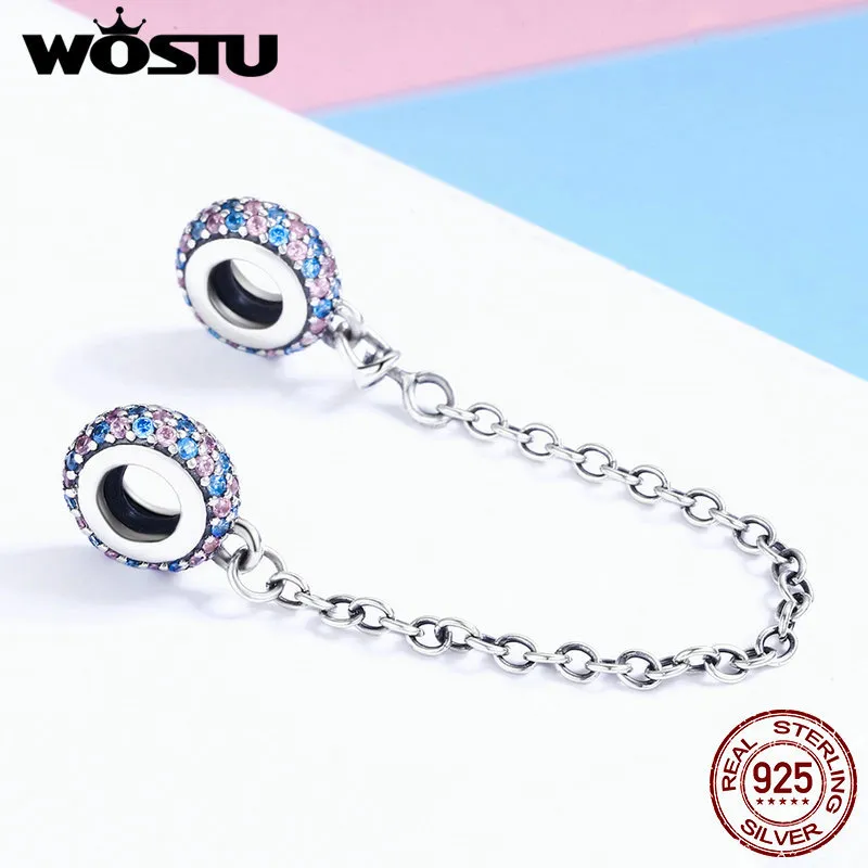 Wostu Hot 925スターリングシルバー舗装インスピレーションセーフティチェーンチャームピンクブルーCZフィットオリジナルビーズブレスレットジュエリーギフトFIC379 Q0531