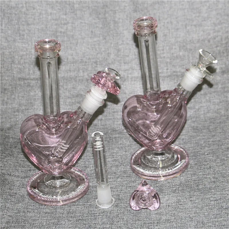 9 Inch Heart Shape Pink Color Glass Dab Rigs Bongs Hookahs Water Pipes 14mm Joint Smoking Oil Rigs Bong With Bowls 4mm Quartz Banger