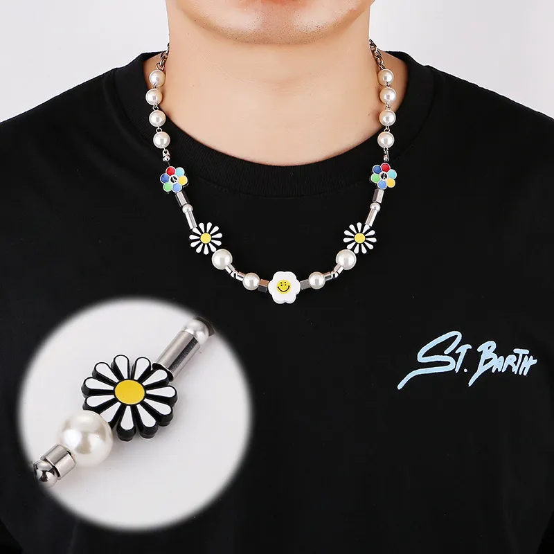 Luokey mode coréen japon marguerite collier hommes Hip Hop en acier inoxydable fleur perle chaîne colliers femmes mariage fête bijoux