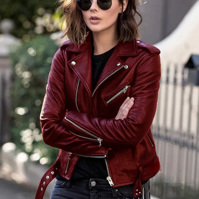 Women's red leather outlet jacket sale