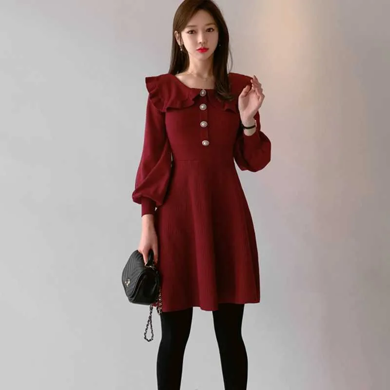 Elegant Lantern Sleeve A-line Knitted Dress Temperament Ruffles Neck High Quality Sweater Women Autumn Winter 210529