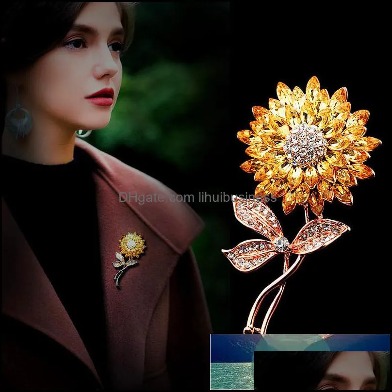 New Luxury Elegant Yellow Crystal Sunflower Brooches Gold Color Rhinestone Alloy Plant Brooch Lady Party Safety Pins Gifts