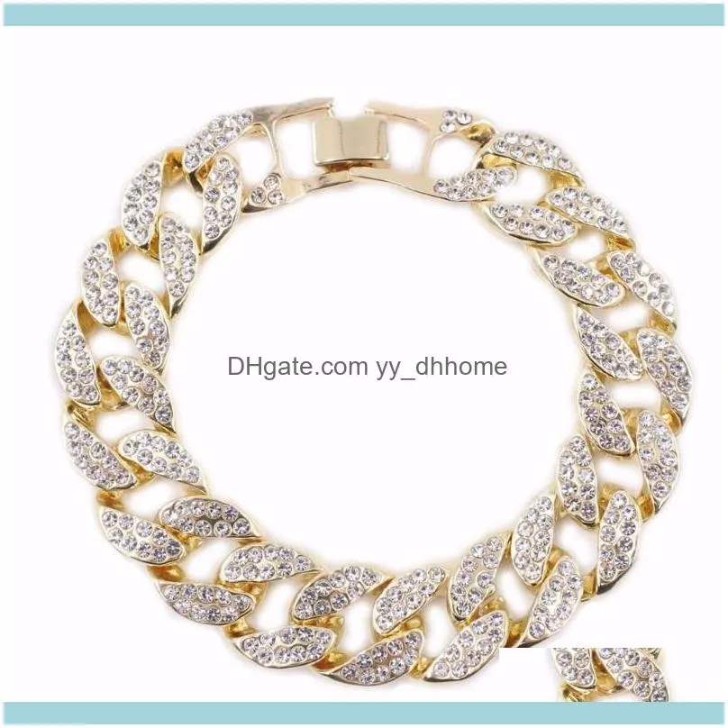 Link, Chain Gold Color 16mm Crystal  Cuban Bracelets Mens Jewelry Iced Out Bling One Row Hip Hop Necklace For Rapper