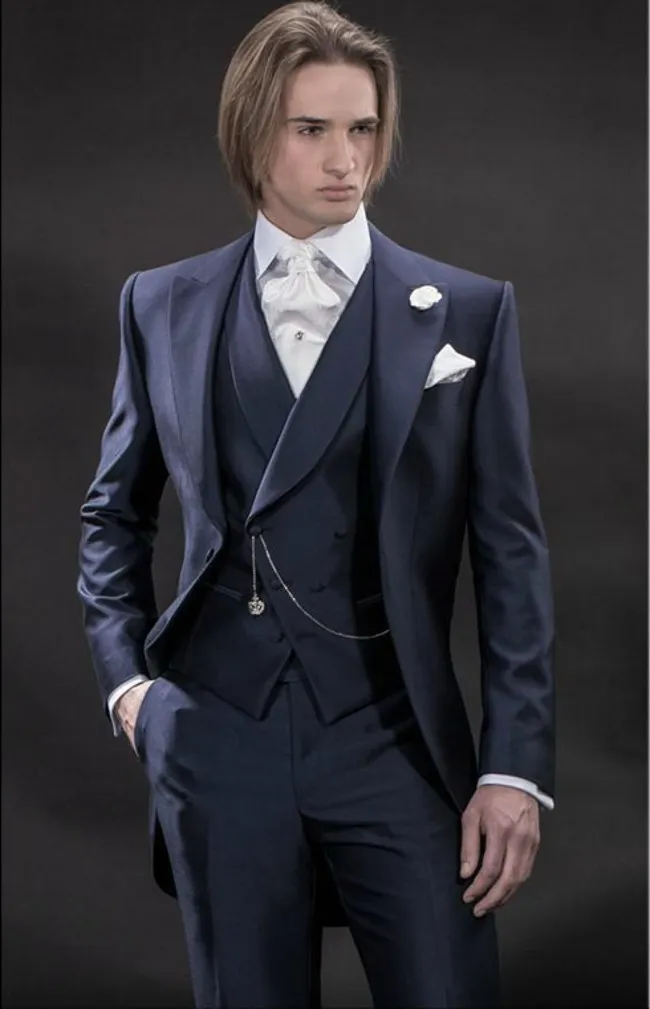 Costume du matin Design européen, Tuxedos de marié bleu marine pour hommes, costumes de fête de mariage, costumes d'affaires (veste + pantalon + gilet + cravate) BM:921