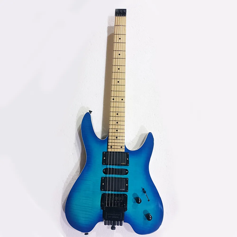 ¡Más vendidos! 6 cuerdas sin cabeza metálica azul guitarra eléctrica con rosa de Floyd, freteboard de palisandro, 24 trastes