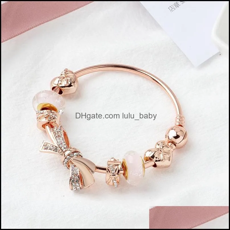 Pandor fashion rose gold shining bow bracelet 18cm 19cm 20cm love charm glass bead jewelry wholesale