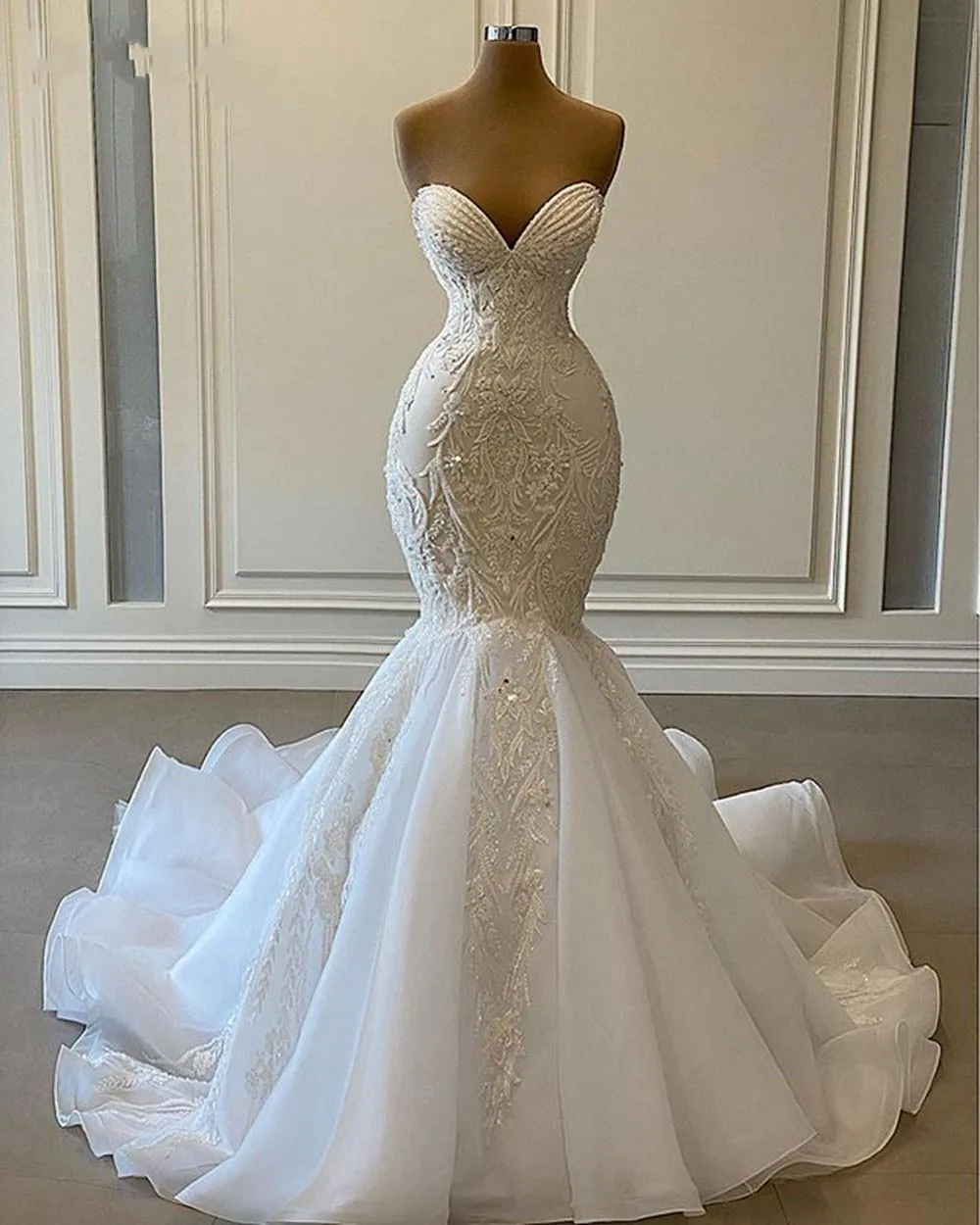 Sexy Schatz Meerjungfrau Afrikanische Brautkleider 2021 Luxus Perlen Stickerei Frauen Weiß Organza Braut Hochzeit Kleider