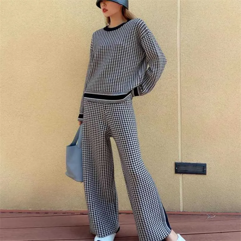 Lüks Tasarımcı 2 Parça Set Kadın Eşofman Sonbahar Houndstooth Örme Kazak Kazak + Pantolon Suits Casual Ter Suit Set 211116