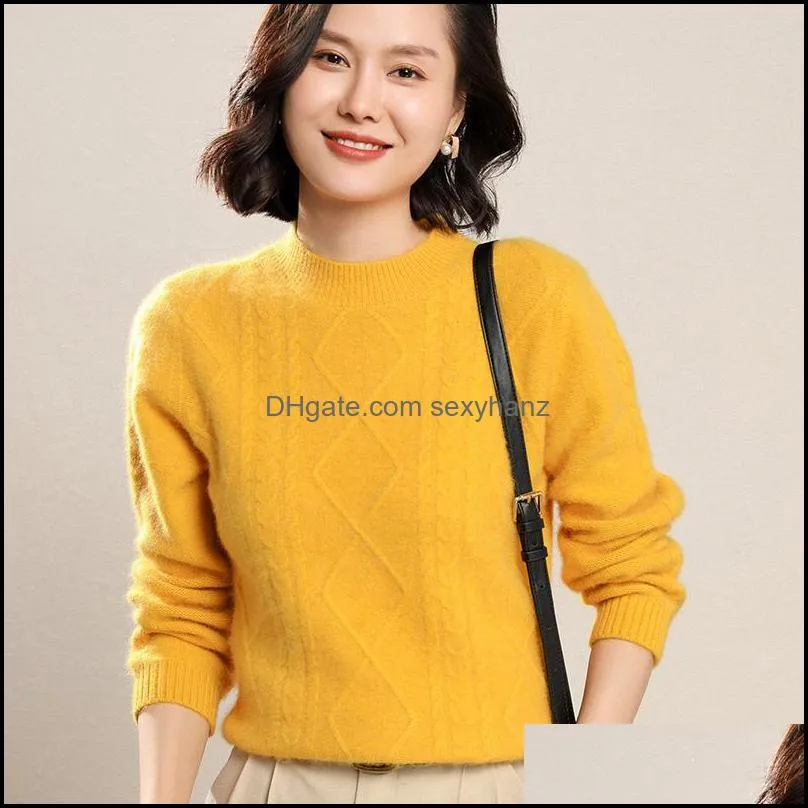 Women`s Sweaters Women Half Turtleneck Plush Mink Cashmere Cable High O-Neck Pullover Sweater Fluffy Warm Cozy Solid Knitted Jumper