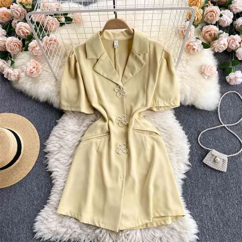 Women Fashion Summer Beaded Flower Buttoning Hollow Waist Mini A-line Dress Notched Short Sleeve Elegant Vestidos S449 210527