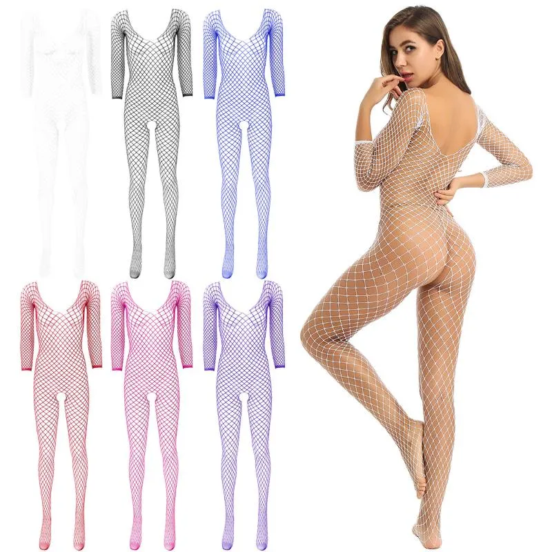 Kvinnor ihålig ut fisknätkroppsunderkläder Scoop Neck långa ärmar Jumpsuit Crotchless Stretchy full kroppsstrumpa för par195a